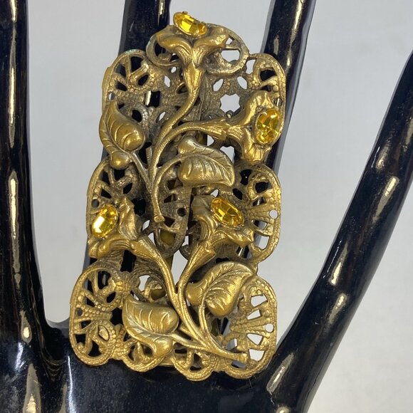 Antique Art Nouveau Fur Clip Dress Pin Filigree Goldtone Floral Rhinestone - Picture 2 of 13